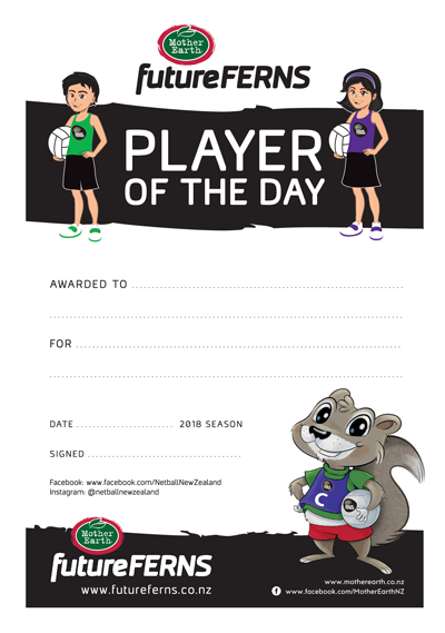 futureferns mynetball netball new zealand player of the day certificates
